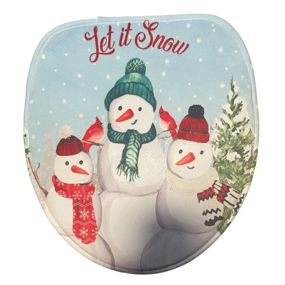 Snow Family Toilet Bowl Cover Mat Set Let It Snow Design Non-Slip Backing